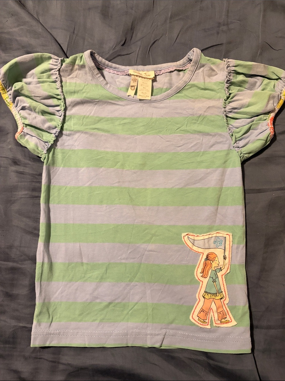Matilda Jane Green & Light Gray Striped Puff-Sleeve Tee with Character Patch